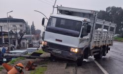 Aydın'da kamyonun çarpması sonucu devrilen sinyalizasyon direğinin altında kalan yaya yaralandı