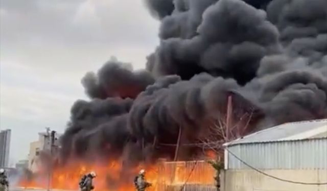 Büyükçekmece'de fabrikanın açık alanındaki yangına itfaiye müdahale ediyor