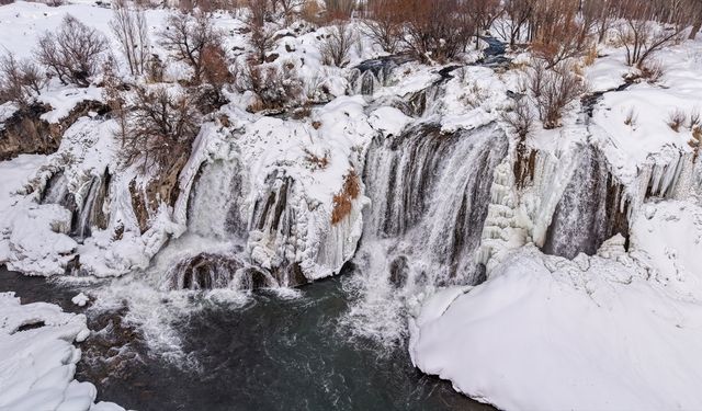 Kısmen donan Muradiye Şelalesi'nde kış güzelliği