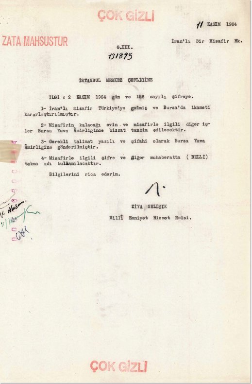 MİT, İran Devrimi'nin lideri Humeyni'nin Türkiye'de ikamet ettiği döneme ait belgeyi paylaştı
